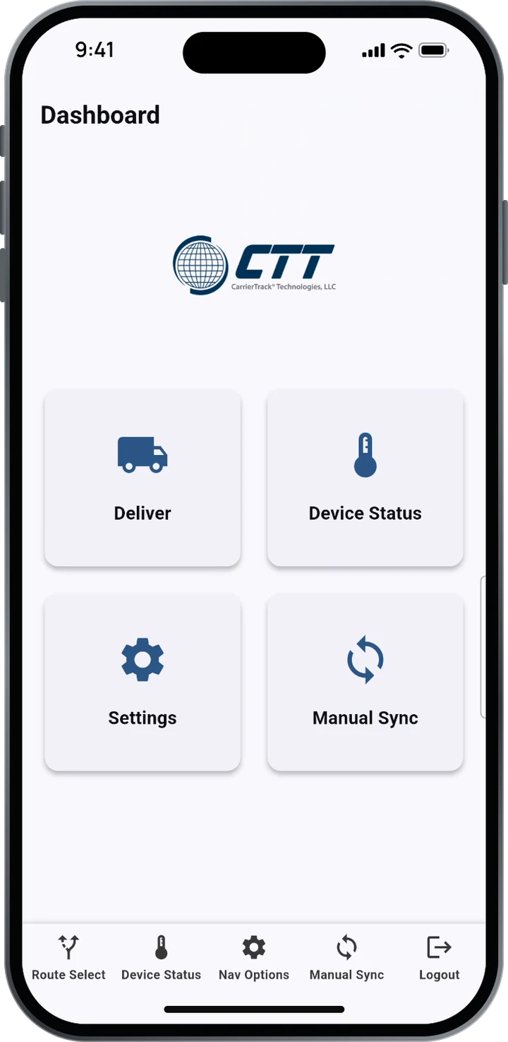 The CarrierTrack app dashboard with Deliver, Device Status, Settings and Manual Sync.