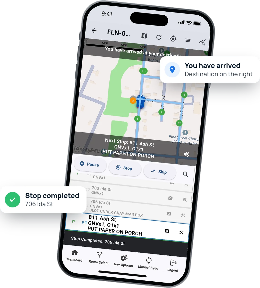 The CarrierTrack app mid-route on an iPhone: the map with numbered stops, next stop 811 Ash St, and the prompts “You have arrived, destination on the right” and “Stop completed, 706 Ida St”.