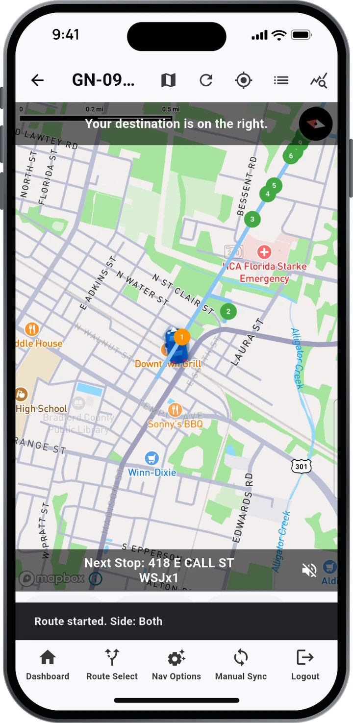 CarrierTrack map guiding a carrier, with numbered stops and “Your destination is on the right.”