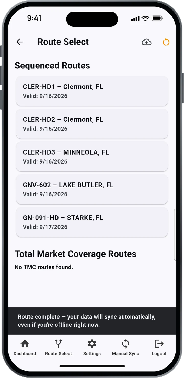 Route Select after a finished route, with the message “Route complete — your data will sync automatically, even if you’re offline right now.”
