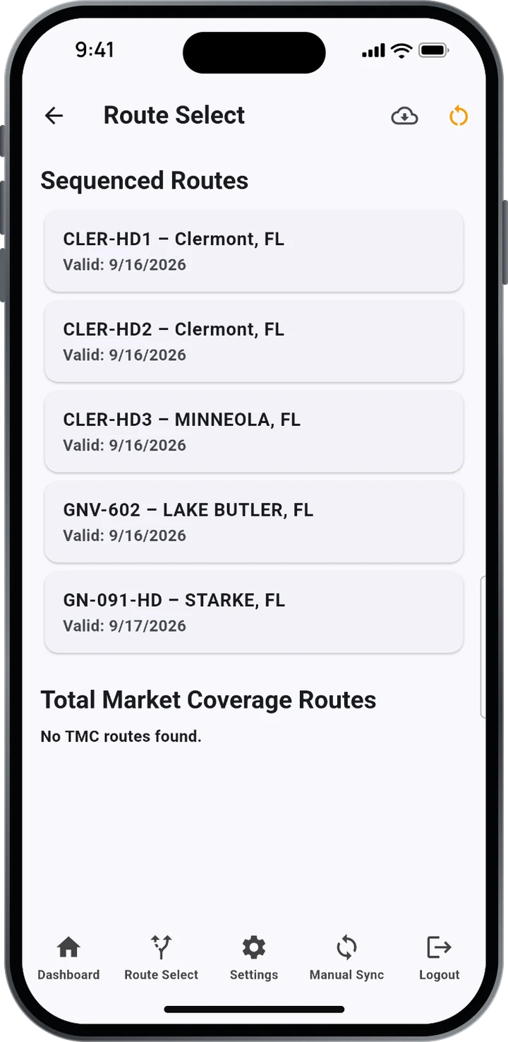 Route Select screen listing sequenced routes in Clermont, Minneola, Lake Butler and Starke, Florida, and a Total Market Coverage section.