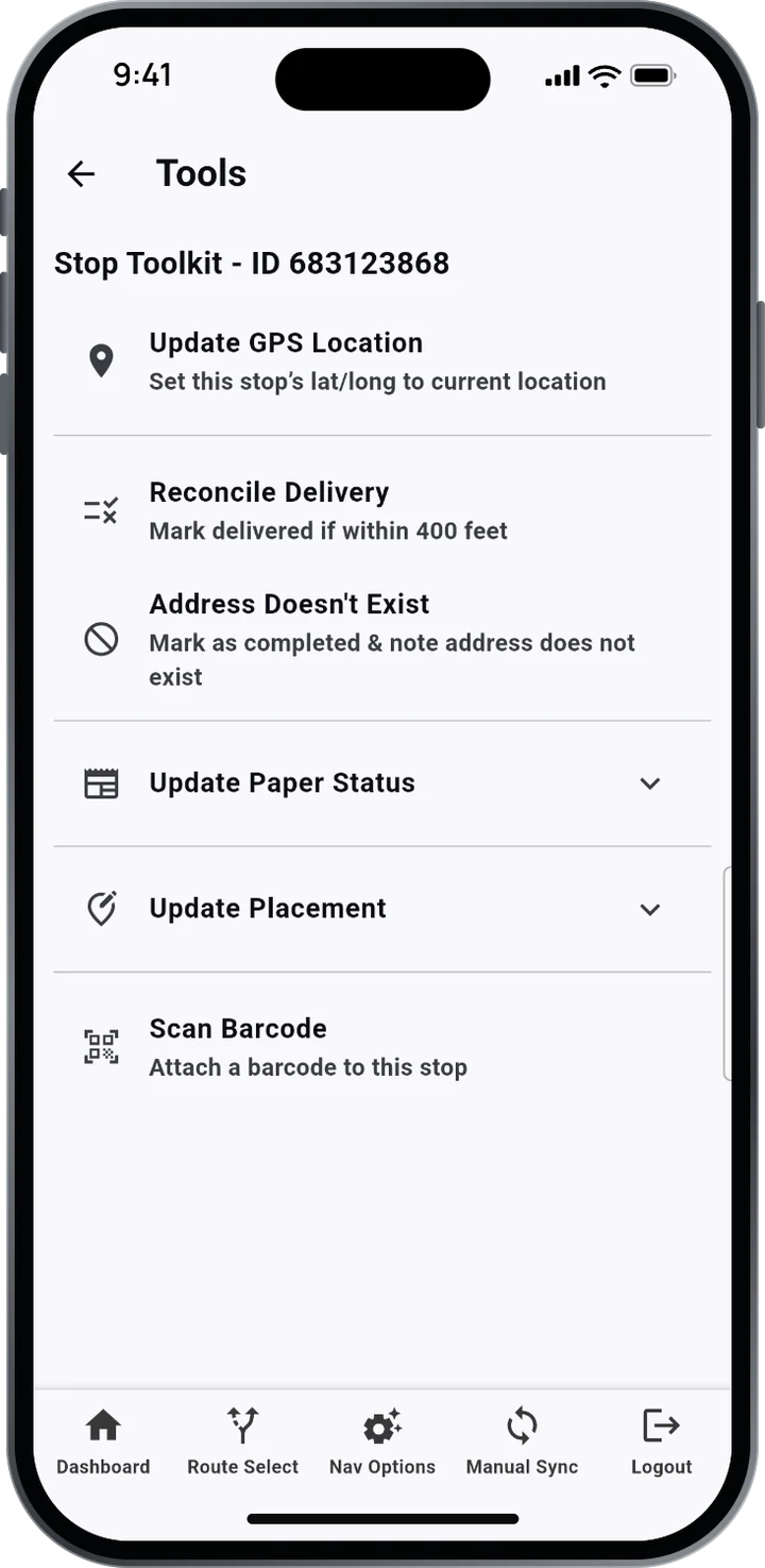 Stop Toolkit screen listing Update GPS Location, Reconcile Delivery, Address Doesn’t Exist, Update Paper Status, Update Placement and Scan Barcode.